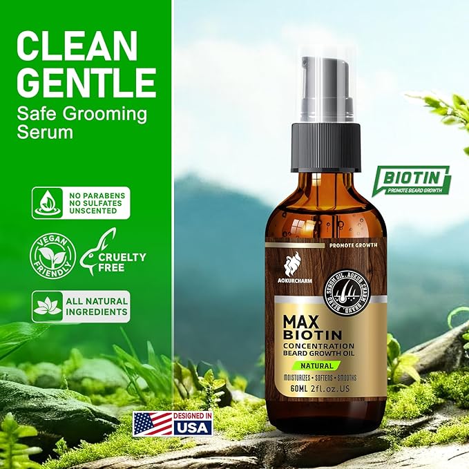 Beard Growth Oil for Men – Natural Biotin Beard Oil with Castor, Vitamin B5 & Grape Seed to Soften, Nourish & Thicken Facial Hair – Conditioning, Moisturizing Grooming Oil, 2oz Gift for Men, Unscented
