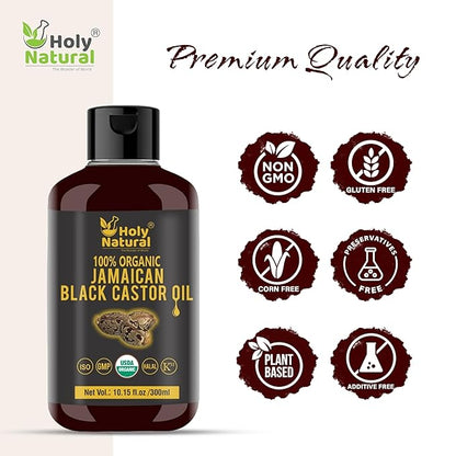 Organic Jamaican black Castor Oil (10.15 fl oz) USDA Certified, Traditional Handmade with Typical and Traditional roasted castor beans smell ,100% Pure black Castor Oil (No Additive, Non GMO)