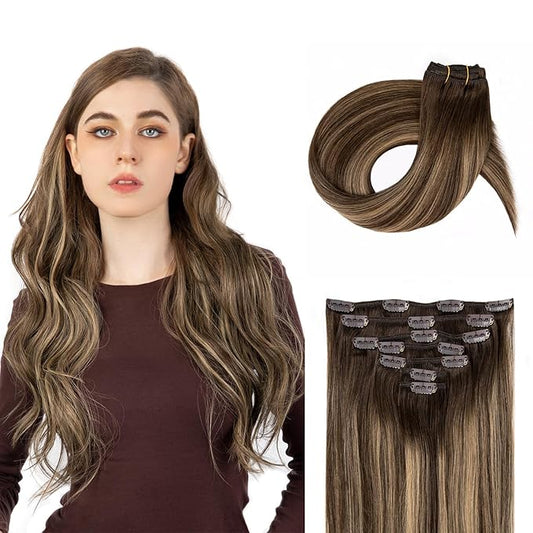 Clip in Hair Extensions Real Human Hair, Invisible Clip In Hair Extensions 100% Human Hair, Balayage Chocolate Brown to Caramel Blonde #4TP27/4 22Inch 120G 7PCS