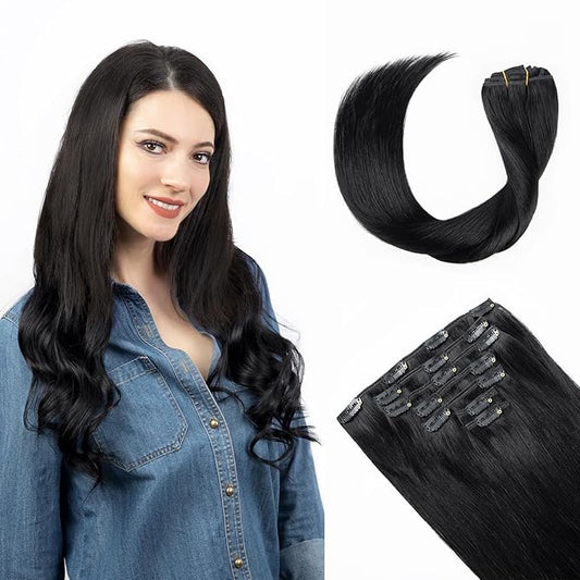 Clip in Hair Extensions Real Human Hair, Jet Black 100% Human Hair Extensions Clip in, Tangle-free Silky Straight Hair Extensions for Women, #1 20Inch 120G 7PCS