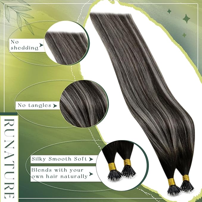 RUNATURE Nano Bead Hair Extensions Human Hair Ombre Black Silver to Silver Nano Hair Extensions Straight Nano Ring Hair Extensions Silky Keratin Nano Tip Hair Extensions Human Hair 16 Inch 50g 50s