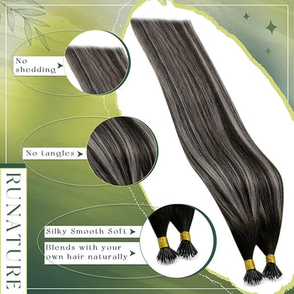 RUNATURE Nano Bead Hair Extensions Human Hair Ombre Black Silver to Silver Nano Hair Extensions Straight Nano Ring Hair Extensions Silky Keratin Nano Tip Hair Extensions Human Hair 16 Inch 50g 50s