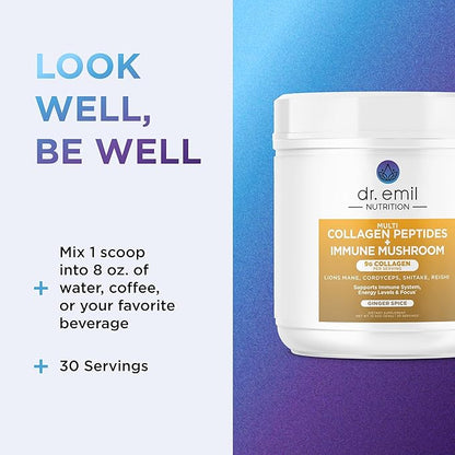 DR. EMIL NUTRITION Collagen Peptides Powder Plus Immune Mushroom Blend - Collagen Powder for Women with Lions Mane & Reishi Mushroom Powder for Immunity - Collagen Supplements for Hair, Skin & Nails