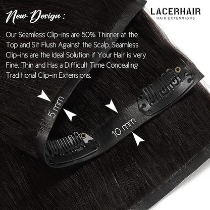 Lacer Hair Ultra Seamless Hair Extensions Clip in Remy Human Hair 16 Inch Double PU Weft Transparent Hair Extensions Tape Clip in Human Hair 7 Pcs 110g #1B Natural Black