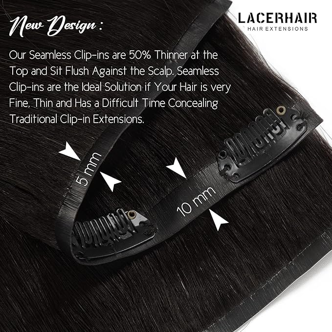 Lacer Hair Ultra Seamless Hair Extensions Clip in Remy Human Hair 16 Inch Double PU Weft Transparent Hair Extensions Tape Clip in Human Hair 7 Pcs 110g #1B Natural Black