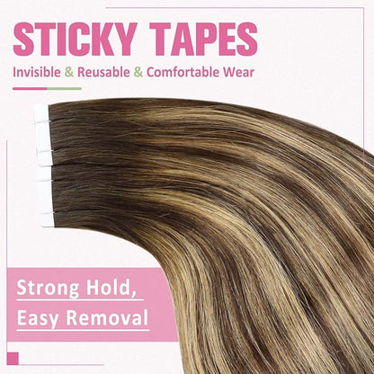 YoungSee Tape in Hair Extensions Real Human Hair Brown Balayage Tape Hair Extensions Real Human Hair Ombre Dark Brown to Caramel Blonde Real Hair Tape in Extensions Human Hair Seamless 14In 20pcs 50g