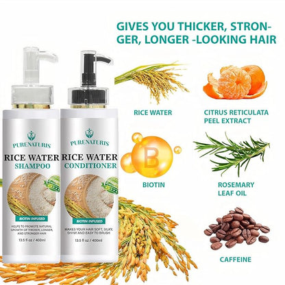 Rosemary Rice Water Shampoo Conditioner & leave-in Spray for Hair Growth Repair System Kit, w/Rosemary, Biotin, Caffeine, Sulfate Free Routine Shampoo for Women Men Hair Loss Thickening