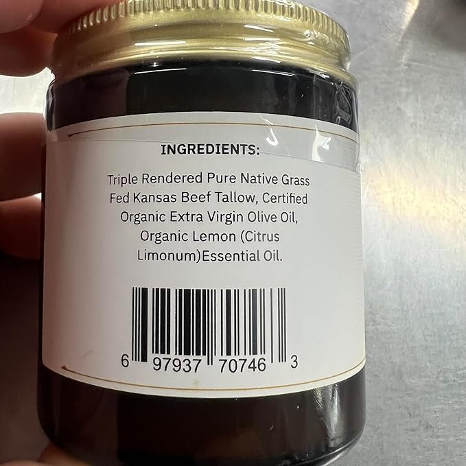 Beef Tallow Balm - 4 oz - Made in USA - Organic Grass Fed and Finished Tallow - Moisturizing Skin Care Lemon