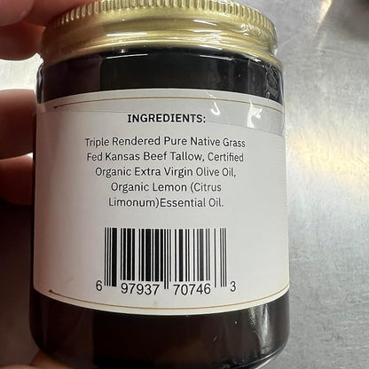 Beef Tallow Balm - 4 oz - Made in USA - Organic Grass Fed and Finished Tallow - Moisturizing Skin Care Lemon