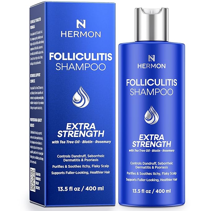 Hermon Folliculitis Shampoo for Itchy Scalp: Psoriasis, Dandruff & Seborrheic Dermatitis & Biotin – Soothes | Exfoliates | Reactivates Follicles