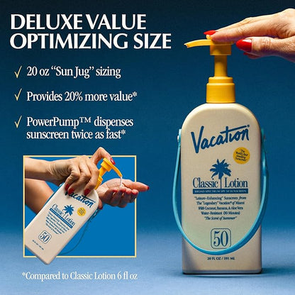 Vacation Classic Lotion SPF 50 Sun Jug, Broad Spectrum Bulk Sunscreen SPF 50, Water Resistant Sunblock, Suntan Lotion with Pump, Vegan, Family-Size, 20 Fl. Oz.