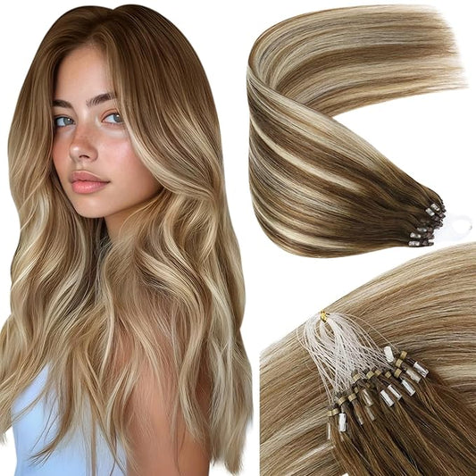 Sunny Hair Micro Link Hair Extensions Human Hair 24inch Micro Loop Human Hair Medium Brown Ombre Platinum Blonde Balayage Micro Hair Extensions Real Human Hair for Daily Use 50g