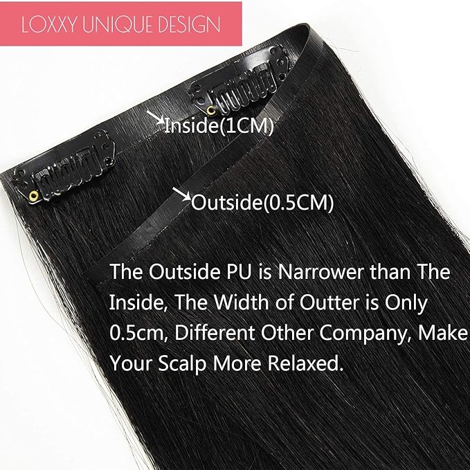 Loxxy Seamless Clip in Hair Extensions 16Inch 130G 7Pcs Jet Black Remy Hair Extensions Clip in Human Hair Invisible PU Skin Weft Natural Real Human Hair Extensions Silky Straight