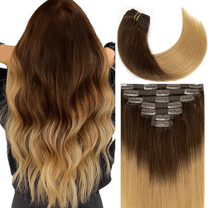 Caliee Clip in Hair Extensions Human Hair T3-12 Darker Brown Fading to Light Golden Brown Balayage Hair Extensions for Full Head 22Inch Seamless Silky Straight Real Hair Clip in Extensions 7 PCS 140G