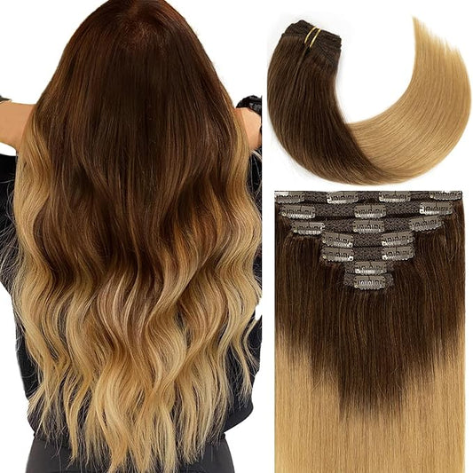 Caliee Clip in Hair Extensions Human Hair T3-12 Darker Brown Fading to Light Golden Brown Balayage Hair Extensions for Full Head 22Inch Seamless Silky Straight Real Hair Clip in Extensions 7 PCS 140G