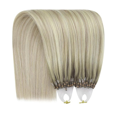 YoungSee Micro Loop Hair Extensions Real Human Hair Blonde Bead Hair Extensions Human Hair Ash Blonde Ombre Platinum Blonde Microbead Human Hair Extensions Balayage Add Hair Length 22In 50s/50g