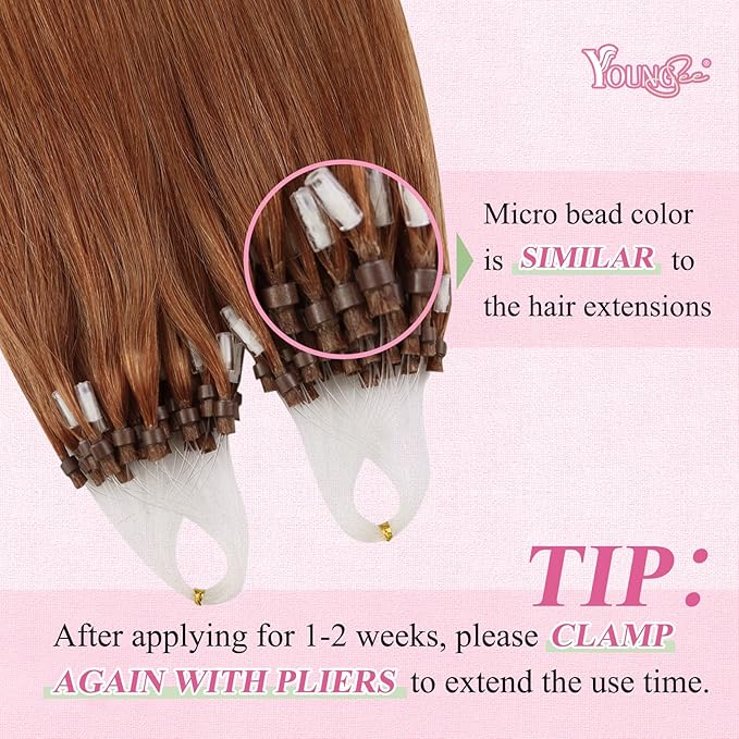 YoungSee Micro Ring Hair Extensions Copper Micro Tip Hair Extensions 16Inch Micro Link Human Hair Extensions Human Hair Extension Micro Beads 25g Bead Hair Extensions 25s