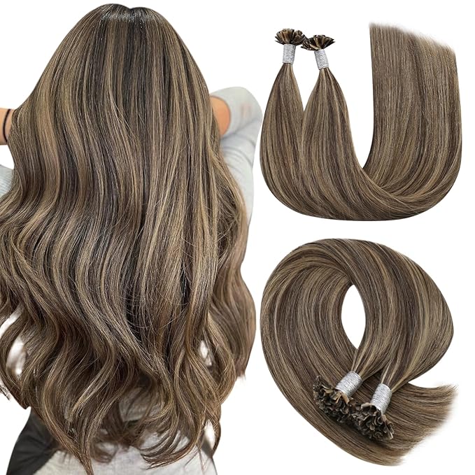 YoungSee Highlight U Tip Hair Extensions Human Hair Brown with Blonde U Tips Human Hair Extensions Brown Utip Real Hair Extensions Brown Hot Fusion Extensions Highlight K Tip Extensions 22In 1G/S 50G