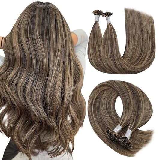 YoungSee Highlight U Tip Hair Extensions Human Hair Brown with Blonde U Tips Human Hair Extensions Brown Utip Real Hair Extensions Brown Hot Fusion Extensions Highlight K Tip Extensions 22In 1G/S 50G