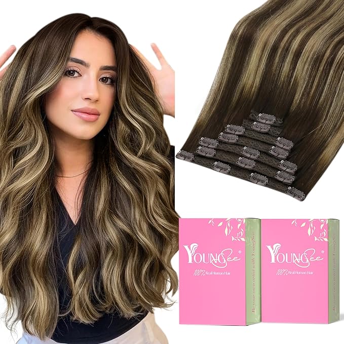 YoungSee Clip in Hair Extensions Real Human Hair Balayage Hair Extensions Clip ins Balayage Chocolate Brown Mix Caramel Blonde Balayage Clip on Hair Extensions Human Hair 120G 18Inch