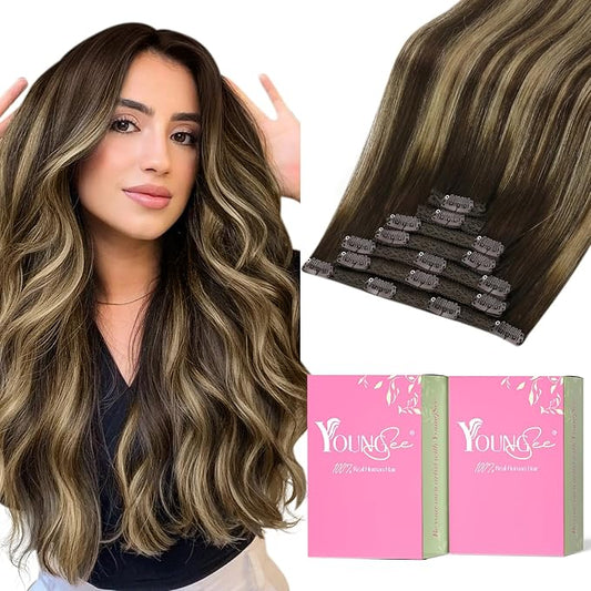 YoungSee Clip in Hair Extensions Real Human Hair Balayage Hair Extensions Clip ins Balayage Chocolate Brown Mix Caramel Blonde Balayage Clip on Hair Extensions Human Hair 120G 18Inch