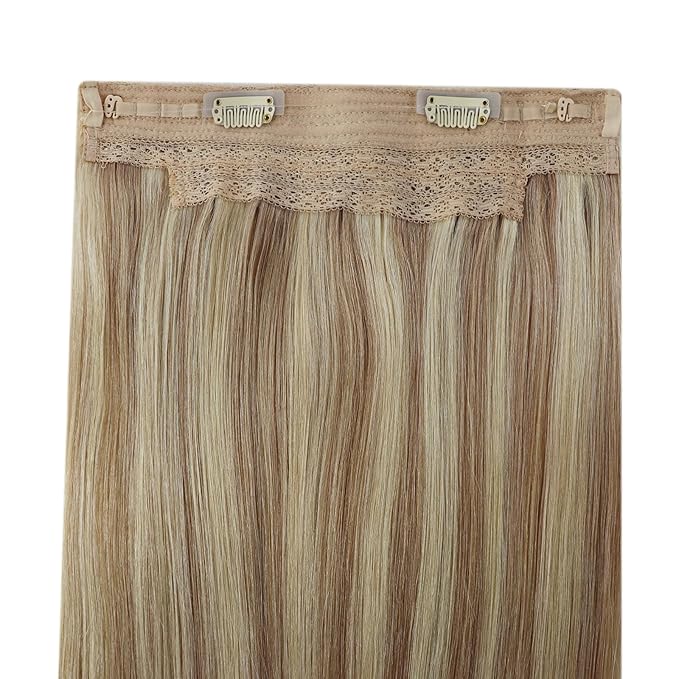 YoungSee Invisible Wire Human Hair Extensions Blonde Highlight Thick Wire Hair Extensions Real Human Hair Dark Ash Blonde Highlights Golden Blonde Hair Wire Extensions for Women 14In 80G