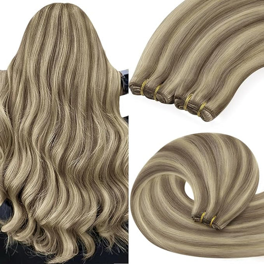 YoungSee Weft Human Hair Extensions Blonde Highlight Sew in Hair Extensions Human Hair Light Brown with Blonde Highlight Sew in Weft Hair Extensions Human Hair Can Be Ironed and Dyed 22Inch 100G