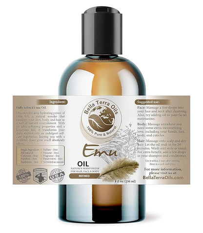 Bella Terra Oils - Emu Oil 8 oz - Celebrate the Australian Emu Heritage, Enveloped in Vitamin-rich Goodness, A Touch of Elegance for Skin