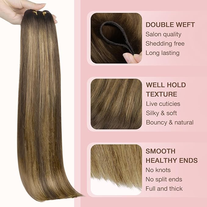 GOO GOO Sew in Hair Extensions Real Human Hair, Weft Hair Extensions Human Hair, 4D/14/5B Brunette Balayage 16inch 100g, Weft Bundles Straight Silky Remy Hair