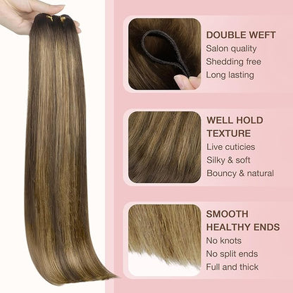 GOO GOO Sew in Hair Extensions Real Human Hair, Weft Hair Extensions Human Hair, 4D/14/5B Brunette Balayage 16inch 100g, Weft Bundles Straight Silky Remy Hair