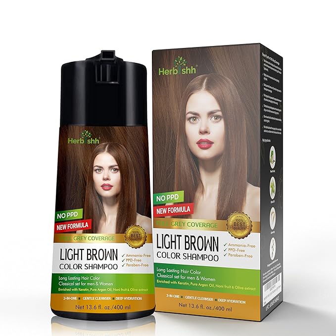Herbishh Hair Color Shampoo - Enriched Dye Formula for Gray Hair - Long Lasting & DIY (Light Brown)