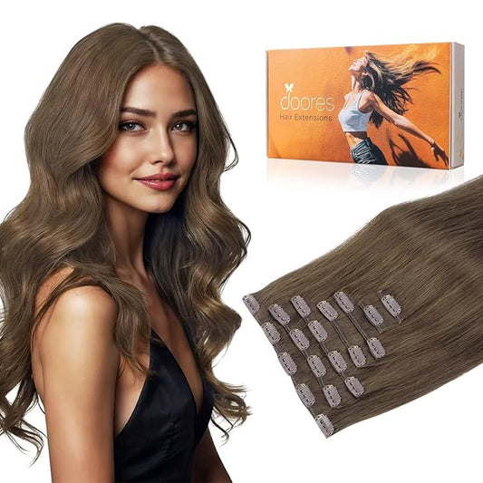 DOORES Clip in Hair Extensions, Light Ash Brown 22 Inch 7pcs 120g, Human Hair Extensions Real Hair Extensions Remy Natural Human Hair Extensions Silky Straight Thick Hair