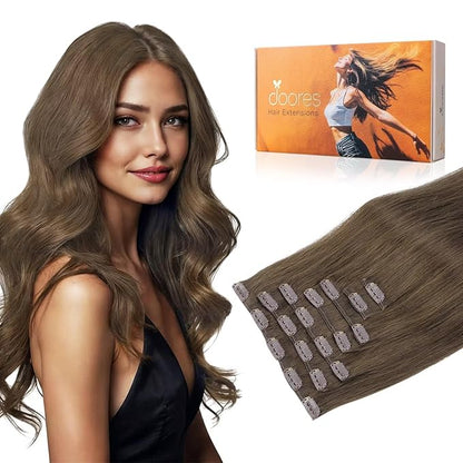 DOORES Clip in Hair Extensions, Light Ash Brown 14 Inch 7pcs 100g, Real Human Hair Extensions Remy Natural Silky Straight Thick Weft