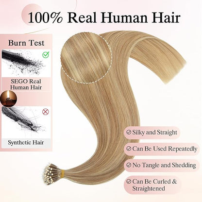 Nano Bead Human Hair Extensions - Nano Bond & Tip Extensions, Silky Straight Natural 50g/50 Stands 18" Golden Brown Mix Bleach Blonde