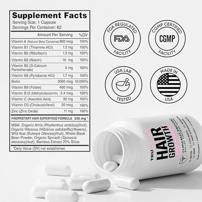 Tru Bloom Hair Growth Vitamins - 2 Month Supply. Clinically Proven to Grow Fuller, Thicker Hair. Drug-Free with Biotin, Collagen, Keratin, MSM, Zinc, D3 + Hair Superfoods