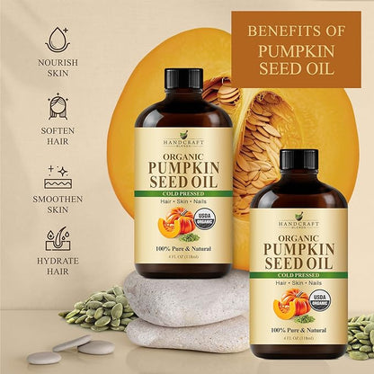 Handcraft Blends Cold-Pressed Organic Pumpkin Seed Oil in Glass Bottle - 4 Fl Oz - 100% Pure and Natural - Premium Grade Carrier Oil for Hair, Skin, Nails, and Body - Massage - Aromatherapy