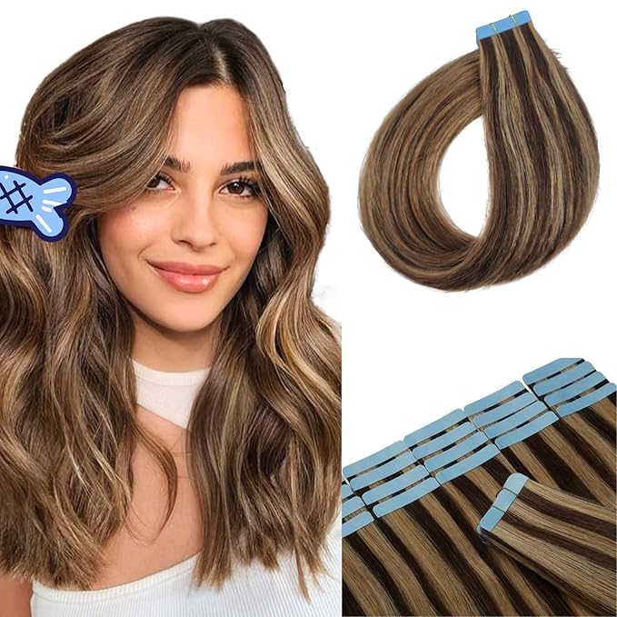 Brown Blonde Tape in Hair Extensions Human Hair Seamless Invisible Silky Straight Hair Extensions Tape in Real Human Hair 14Inch 20PCS 30Gram