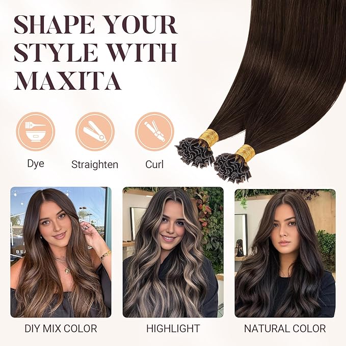MAXITA U Tip Hair Extensions Human Hair, Chocolate Brown Hair Extensions Real Human Hair, 50g/50 Strands/Pack, 16 In Virgin Human Hair