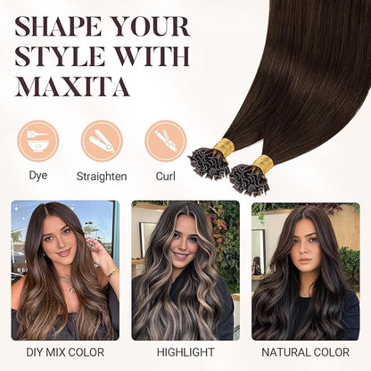 MAXITA U Tip Hair Extensions Human Hair, Chocolate Brown Hair Extensions Real Human Hair, 50g/50 Strands/Pack, 16 In Virgin Human Hair