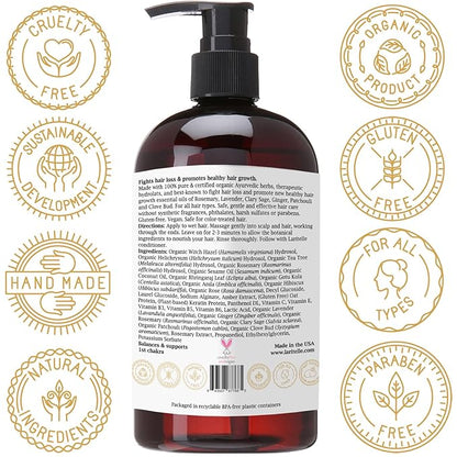 Organic Hair Growth Shampoo 17.5 oz – Fortifying & Strengthening with Ayurvedic Herbs, Lavender, Ginger, Rosemary, Patchouli, Clove – Reduces Shedding, Promotes Growth – Vegan, Made in USA