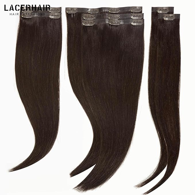 Lacer Hair Extensions Real Human Hair Seamless Clip ins Dark Brown Clip in Hair Extensions Silicone Weft Extensions 16 Inch Clip in Human Hair 7pcs 110g