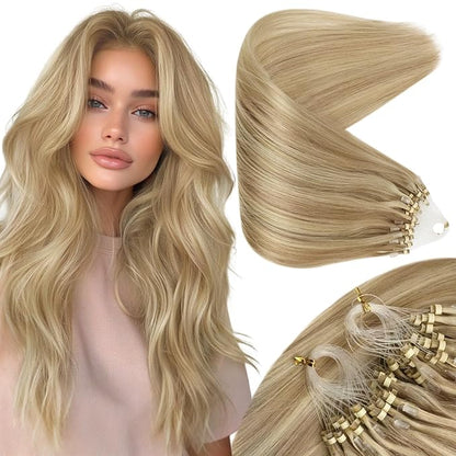 Sunny Hair Micro Link Hair Extensions Human Hair Sun-Kissed Glow,Soft Micro Link Hair Extensions Human Hair Golden Blonde Highlight Light Blonde,Upper Back 22inch 50g