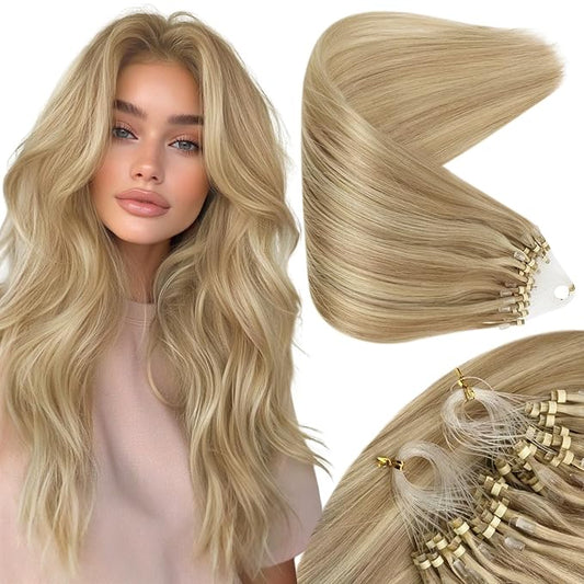 Sunny Hair Micro Link Hair Extensions Human Hair Real Micro Beads Hair Extensions Golden Blonde Highlight Light Blond for Daily Use, Shoulder Length 14inch 50g