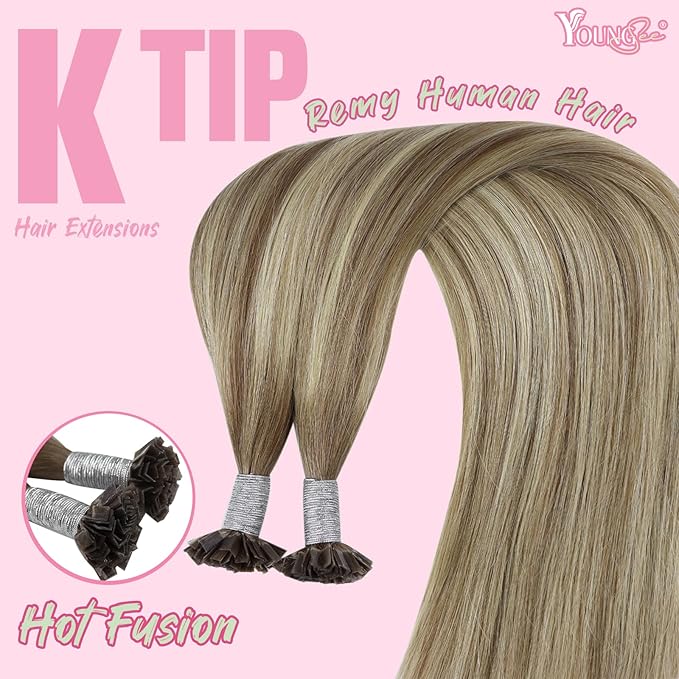 YoungSee K Tip Hair Extensions Ombre Pre Bonded Hair Extensions Light Brown Ombre Blonde Ktip Remy Hair Extensions Balayage K Tips Human Hair Extensions for Women 20in Human Hair K Tip 50s/50g