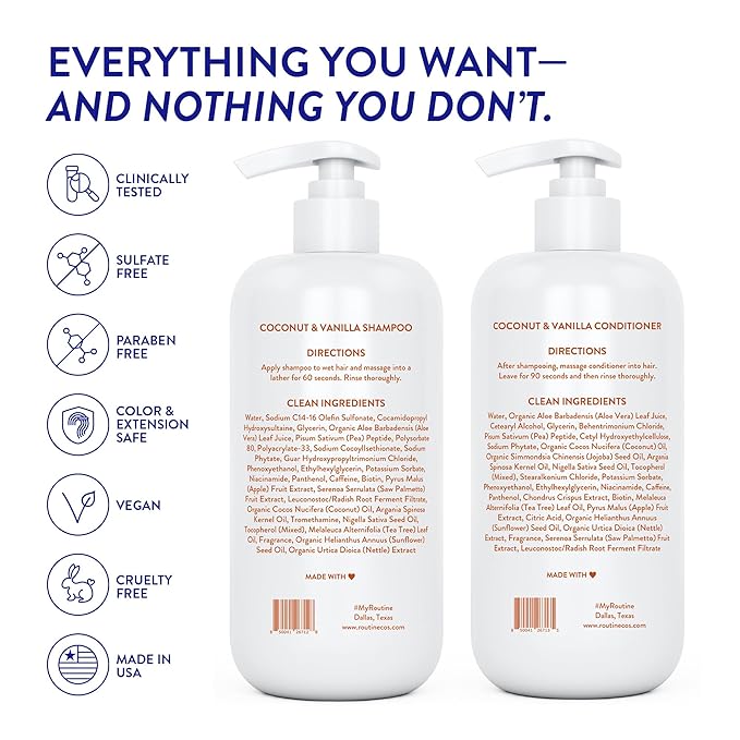Routine Wellness 1 Liter Anti-Thinning Shampoo and Conditioner Set for Thinning Hair - Biotin DHT Blocker - Color Safe Shampoo for Hair Loss & Healthier Hair - 1 Liter Set - Coconut & Vanilla