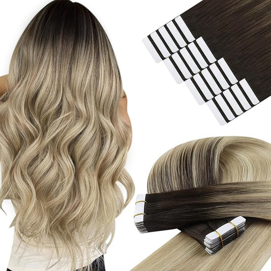 YoungSee Tape in Hair Extensions Real Human Hair Ombre 16In Invisible Tape in Hair Extensions Dark Brown Ombre Blonde with Brown Balayage Tape ins Human Hair Extensions Silky Straight 20pcs 50g