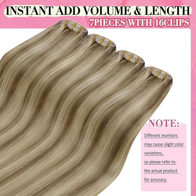 YoungSee Clip in Extensions Highlight Clip on Hair Extensions Human Hair Brown with Blonde Highlights Soft Clip in Hair Extensions Real Human Hair Save Styling Time 16Inch 7Pcs 120G