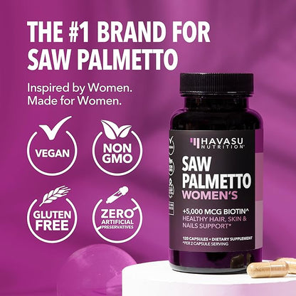 Saw Palmetto for Women with Biotin 5000mcg - Powerful DHT Blocker to Support Hair, Skin, and Nail Health - 120 Count - Vegan, Non-GMO Vitamin for Stronger, Fuller Looking Locks - 2 Month Supply