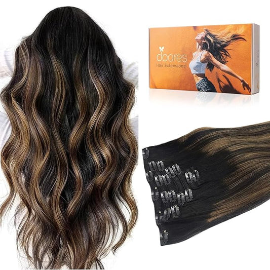 DOORES Human Hair Clip in Extensions, Balayage Natural Black to Chestnut Brown 16 Inch 135g 7pcs, Silky Straight Remy Extensions Clip ins Human Hair Natural Thick Weft