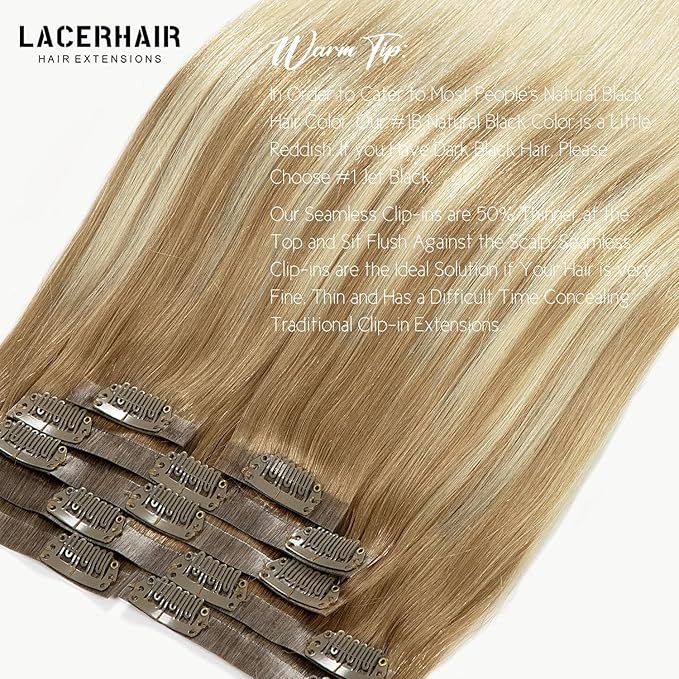 Lacer Hair Extensions Clip in Human Hair 16inch Light Brown Fading to Platinum Blonde 100% Human Hair Clip in Hair Extensions 7pcs 110g with 16 Clips Real Remy Human Hair